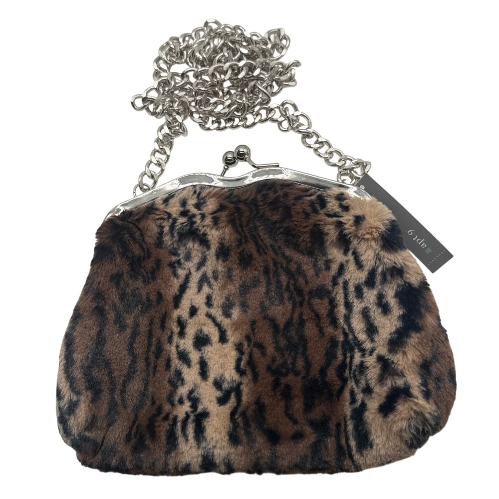 Apt. 9 Leopard Cheetah Faux Fur Kiss Lock Clutch Chain Purse NWT